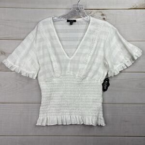 A.U.W Top Womens M White Smocked Waist Babydoll Short Bell Slv V Neck Coquette